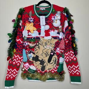 Ugly Christmas Sweater Kitty Cat LIGHTS UP Tinsel Xmas Party Winner Size Small